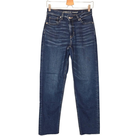 AMERICAN EAGLE Mom Straight Jeans Women 2 Blue Stretch High Rise Raw Hem Western - Picture 2 of 14